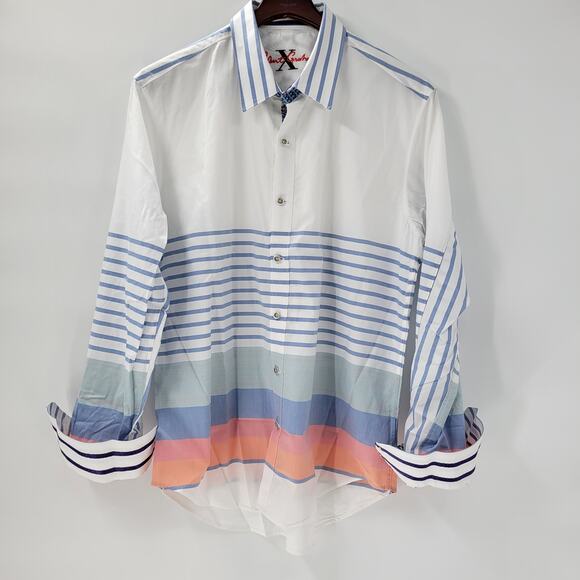 Robert Graham Mens Button Up Shirt XL White Blue Striped Geometric Flip Cuffs - Picture 9 of 16